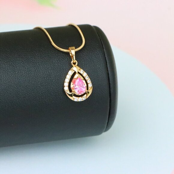 "Teardrop Pink Stone Pendant with Sparkling Accents in Gold Finish, XPPT1799 - Picture 6 of 13
